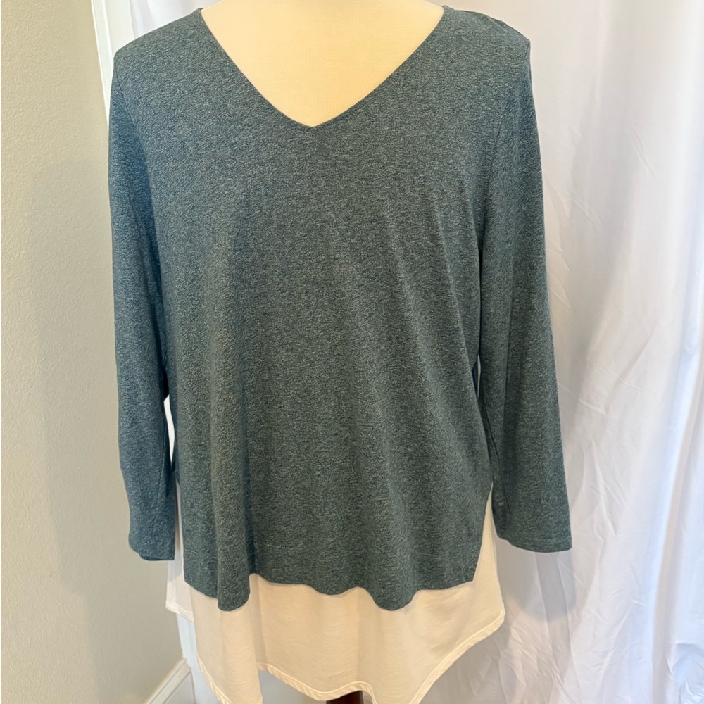 J Jill Mixed Media, V-Neck, Long Sleeves, Blue and White Tunic